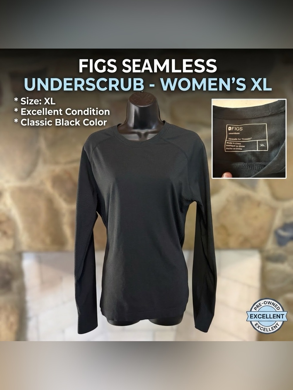 FIGS Black Seamless Long Sleeve Technical Underscrub Shirt Size XL